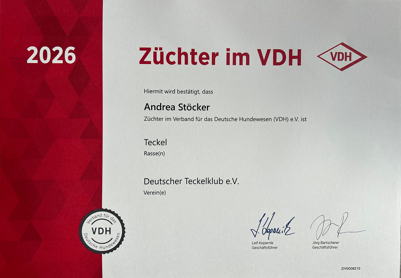 VDH-Urkunde 2026 Züchterin im VDH